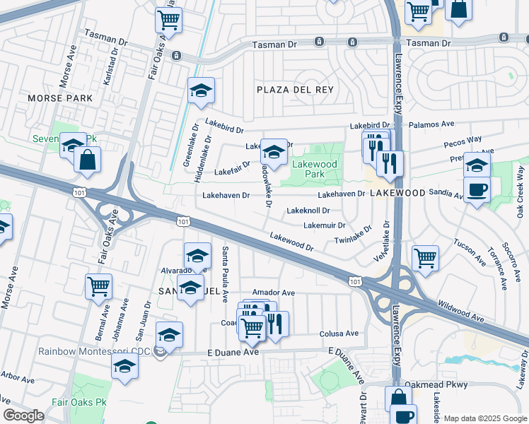map of restaurants, bars, coffee shops, grocery stores, and more near 281 Meadowlake Drive in Sunnyvale