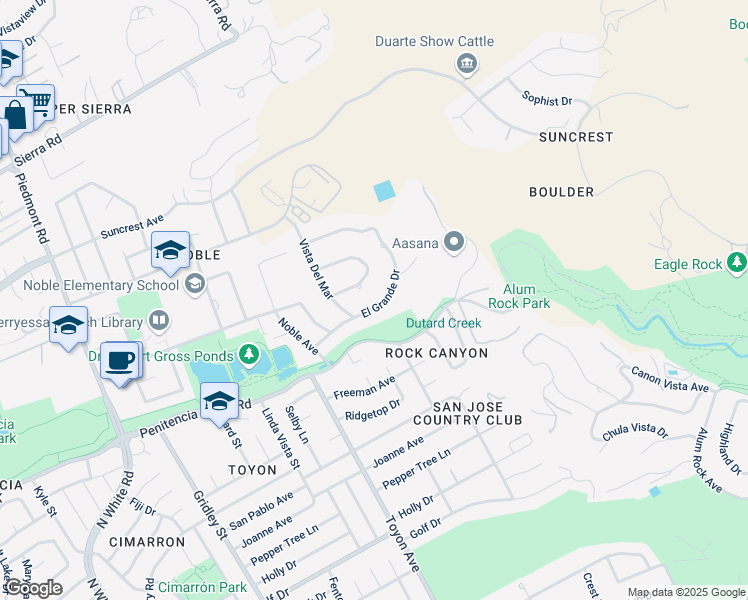 map of restaurants, bars, coffee shops, grocery stores, and more near 3591 El Grande Drive in San Jose