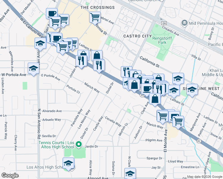 map of restaurants, bars, coffee shops, grocery stores, and more near 743 Casita Way in Los Altos