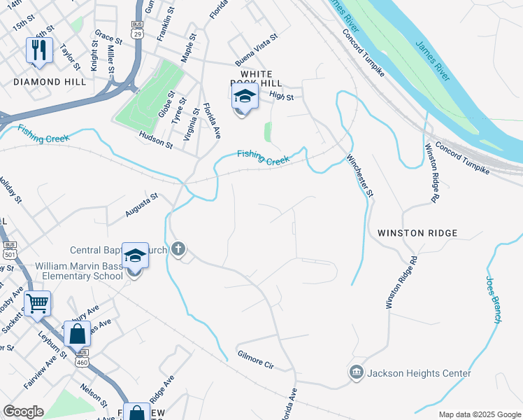 map of restaurants, bars, coffee shops, grocery stores, and more near 307 Harmony Court in Lynchburg