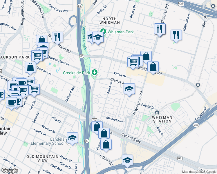 map of restaurants, bars, coffee shops, grocery stores, and more near 112 Brenton Court in Mountain View