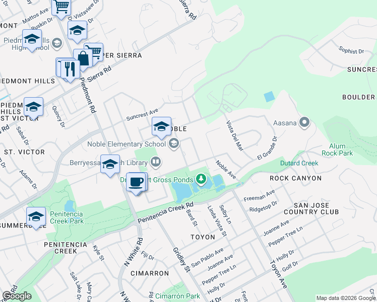 map of restaurants, bars, coffee shops, grocery stores, and more near 1061 Terra Noble Way in San Jose