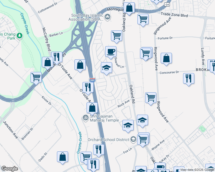 map of restaurants, bars, coffee shops, grocery stores, and more near 259 Fountain Circle in San Jose