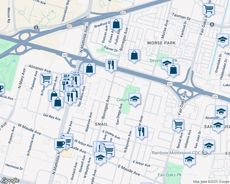 map of restaurants, bars, coffee shops, grocery stores, and more near 749 Santa Christina Court in Sunnyvale