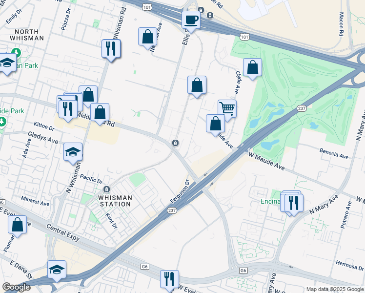 map of restaurants, bars, coffee shops, grocery stores, and more near 554566 East Middlefield Road in Mountain View