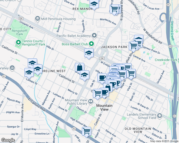 map of restaurants, bars, coffee shops, grocery stores, and more near 1157 Villa Street in Mountain View