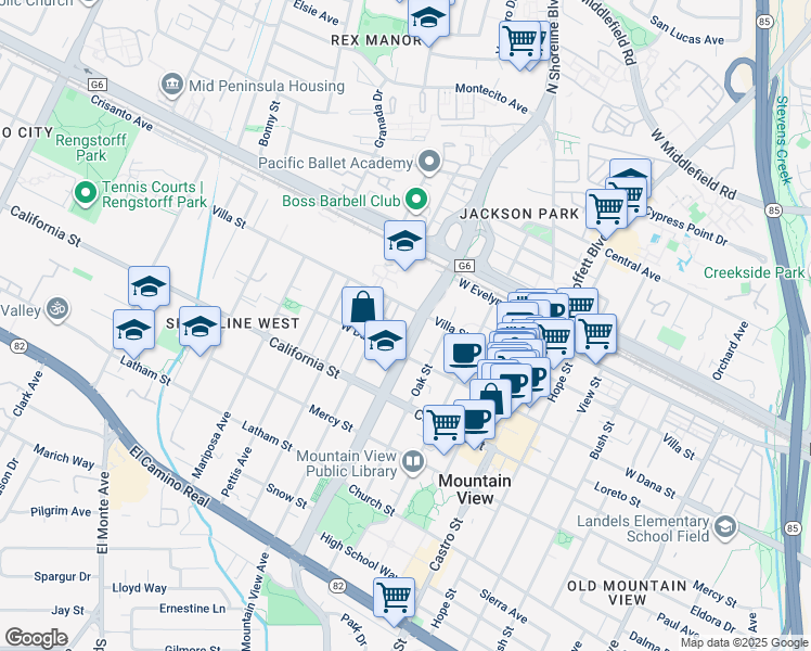 map of restaurants, bars, coffee shops, grocery stores, and more near 1157 Villa Street in Mountain View
