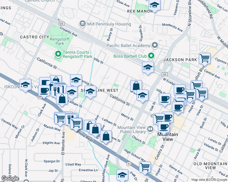 map of restaurants, bars, coffee shops, grocery stores, and more near 398 Mariposa Avenue in Mountain View