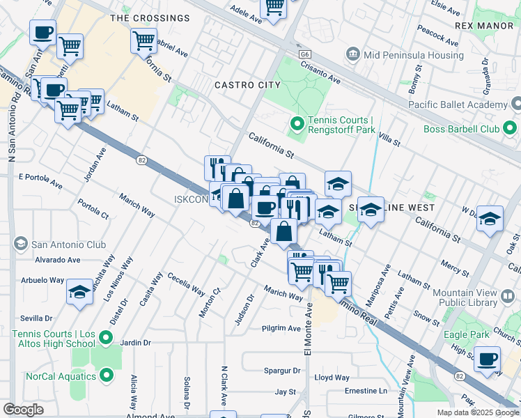 map of restaurants, bars, coffee shops, grocery stores, and more near 1980 West El Camino Real in Mountain View
