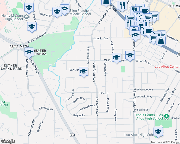 map of restaurants, bars, coffee shops, grocery stores, and more near 130 Santa Rita Avenue in Los Altos