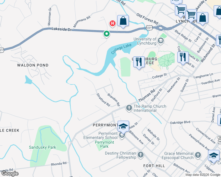map of restaurants, bars, coffee shops, grocery stores, and more near 1207 Shirley Road in Lynchburg