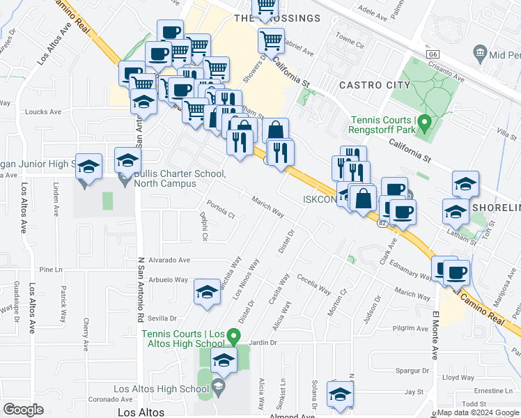 map of restaurants, bars, coffee shops, grocery stores, and more near 754 Panchita Way in Los Altos