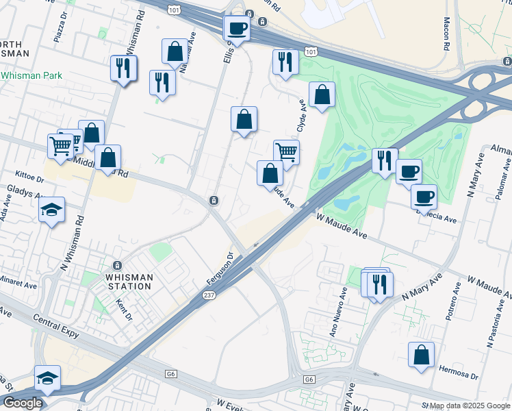 map of restaurants, bars, coffee shops, grocery stores, and more near 680 East Middlefield Road in Mountain View