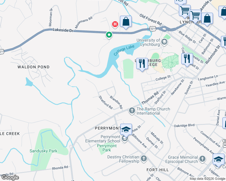 map of restaurants, bars, coffee shops, grocery stores, and more near 1207 Shirley Road in Lynchburg