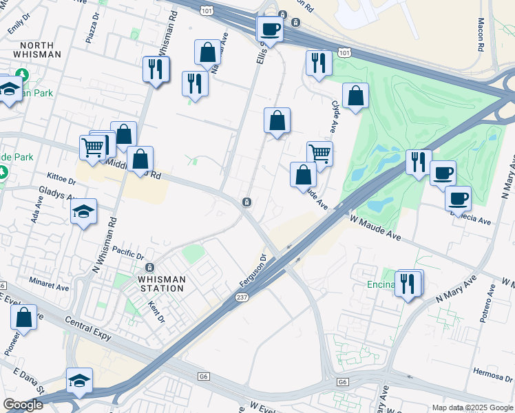 map of restaurants, bars, coffee shops, grocery stores, and more near 590 East Middlefield Road in Mountain View