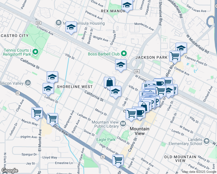 map of restaurants, bars, coffee shops, grocery stores, and more near 315 Palo Alto Avenue in Mountain View