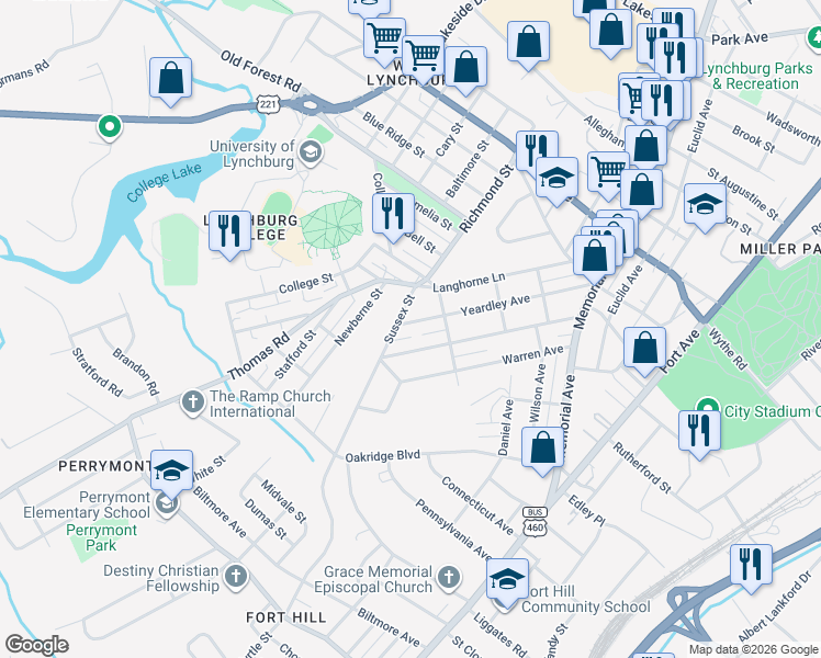 map of restaurants, bars, coffee shops, grocery stores, and more near 415 Yeardley Avenue in Lynchburg