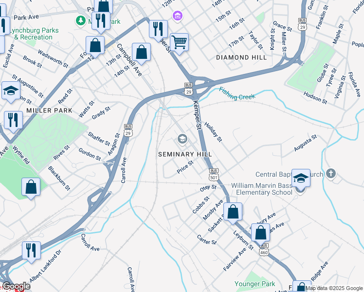 map of restaurants, bars, coffee shops, grocery stores, and more near 2058 Garfield Avenue in Lynchburg