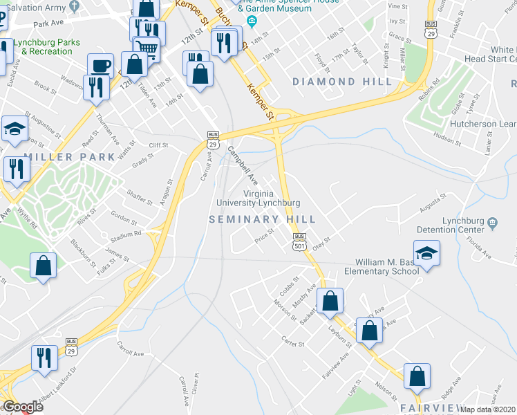 map of restaurants, bars, coffee shops, grocery stores, and more near 2058 Garfield Avenue in Lynchburg