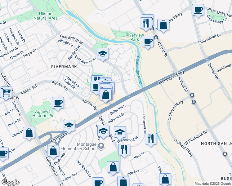 map of restaurants, bars, coffee shops, grocery stores, and more near 550 Moreland Way in Santa Clara