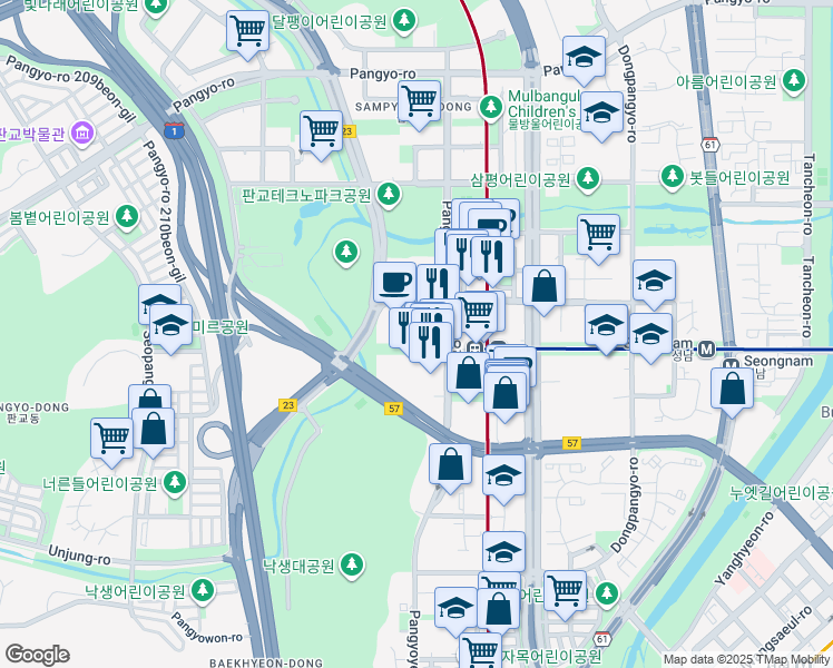 map of restaurants, bars, coffee shops, grocery stores, and more near in Seongnam-si