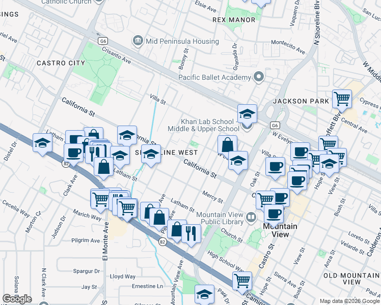 map of restaurants, bars, coffee shops, grocery stores, and more near Mariposa Avenue in Mountain View