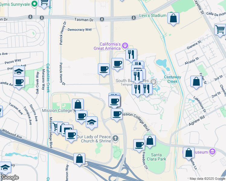 map of restaurants, bars, coffee shops, grocery stores, and more near 4557 Great America Parkway in Santa Clara