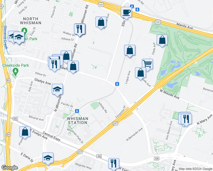map of restaurants, bars, coffee shops, grocery stores, and more near 501 East Middlefield Road in Mountain View