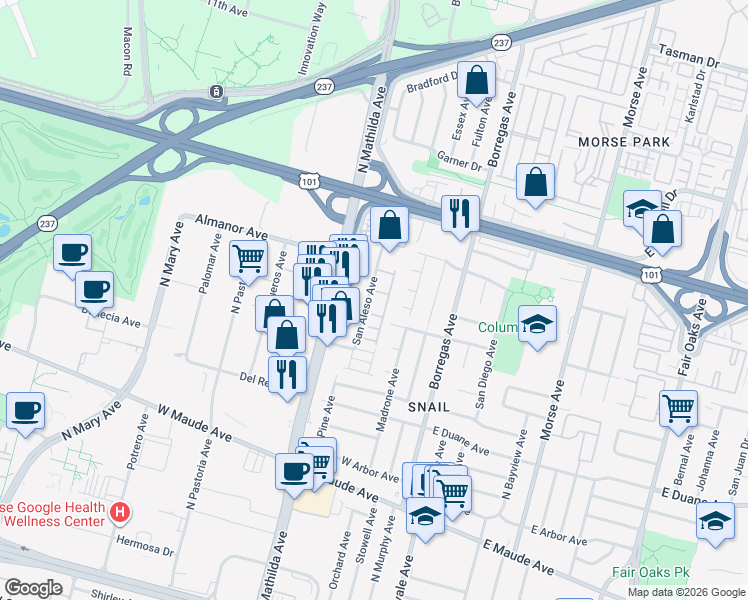 map of restaurants, bars, coffee shops, grocery stores, and more near 773 Santa Cecilia Terrace in Sunnyvale