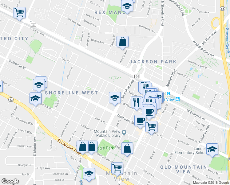 map of restaurants, bars, coffee shops, grocery stores, and more near 255 Mountain View Avenue in Mountain View
