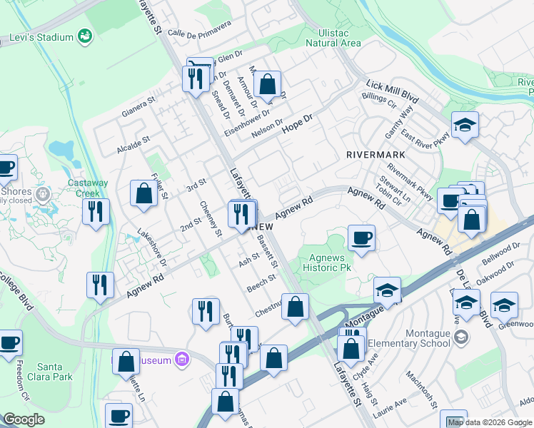 map of restaurants, bars, coffee shops, grocery stores, and more near 2001 Agnew Road in Santa Clara