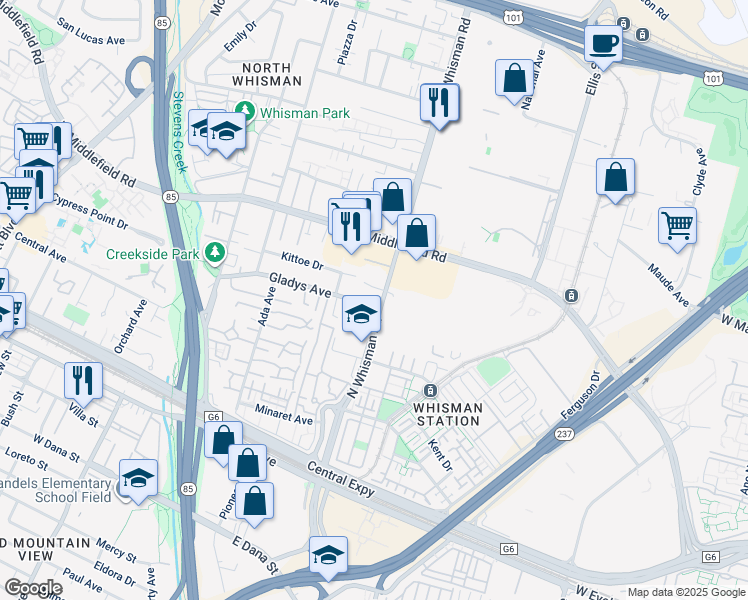 map of restaurants, bars, coffee shops, grocery stores, and more near 325 Gladys Avenue in Mountain View