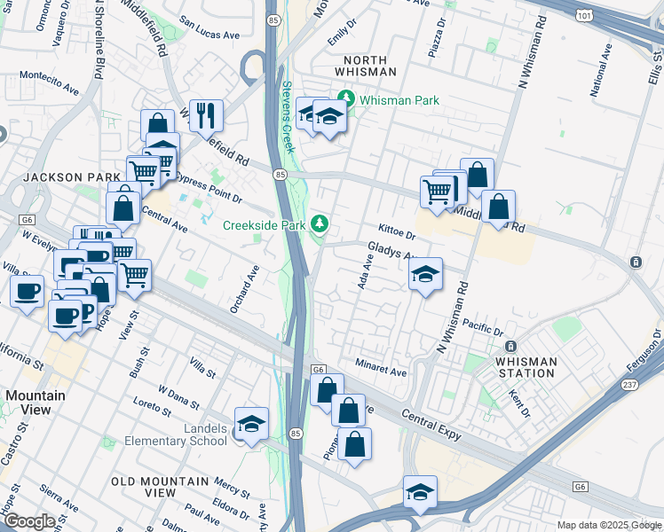 map of restaurants, bars, coffee shops, grocery stores, and more near 139 Brenton Court in Mountain View
