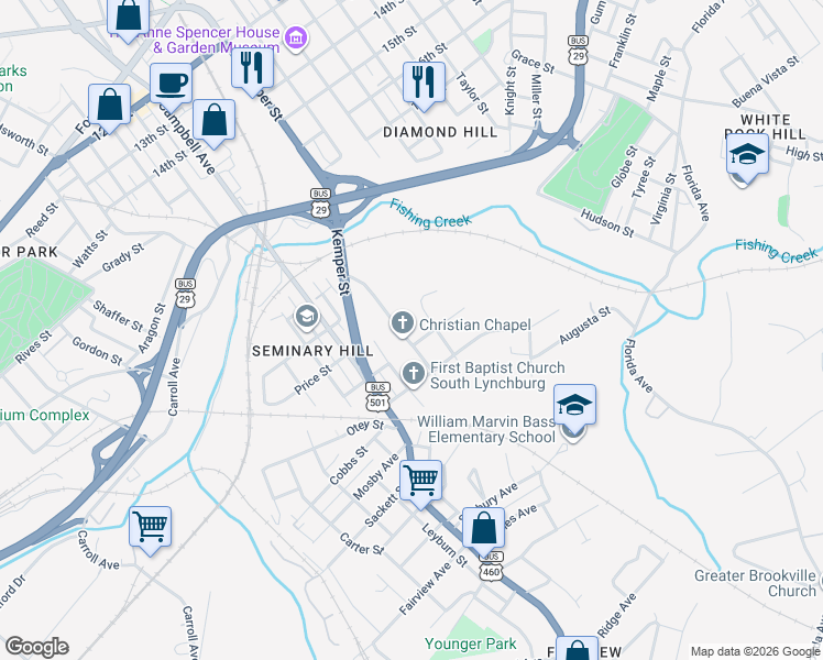 map of restaurants, bars, coffee shops, grocery stores, and more near 2356 Holiday Street in Lynchburg