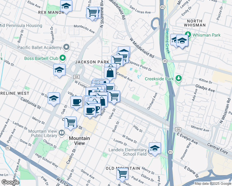 map of restaurants, bars, coffee shops, grocery stores, and more near 141A Santa Clara Avenue in Mountain View