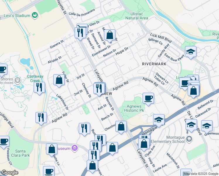 map of restaurants, bars, coffee shops, grocery stores, and more near 1883 Agnew Road in Santa Clara