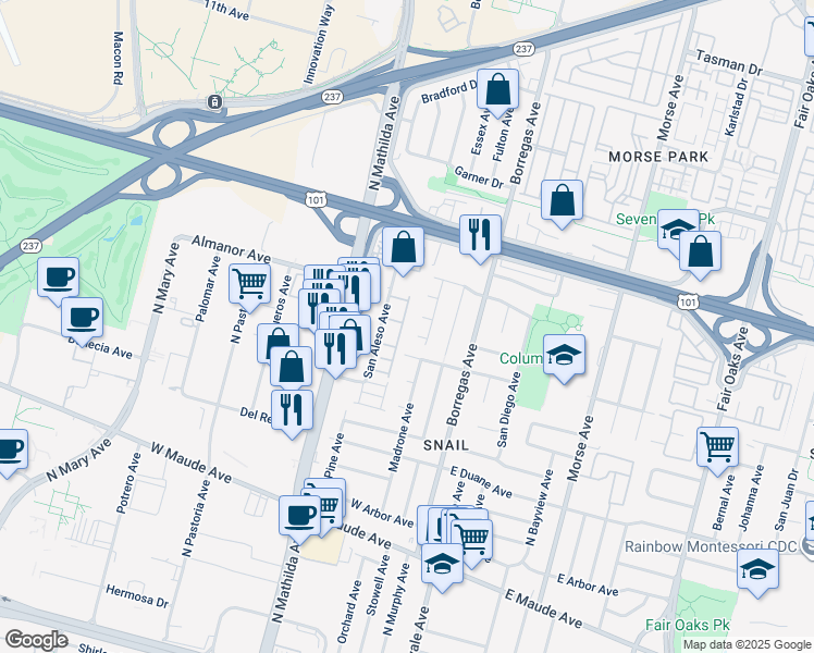 map of restaurants, bars, coffee shops, grocery stores, and more near 815 Santa Cecilia Terrace in Sunnyvale