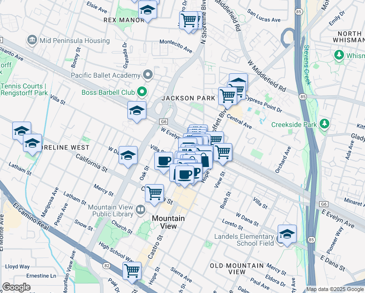 map of restaurants, bars, coffee shops, grocery stores, and more near 108 Bryant Street in Mountain View