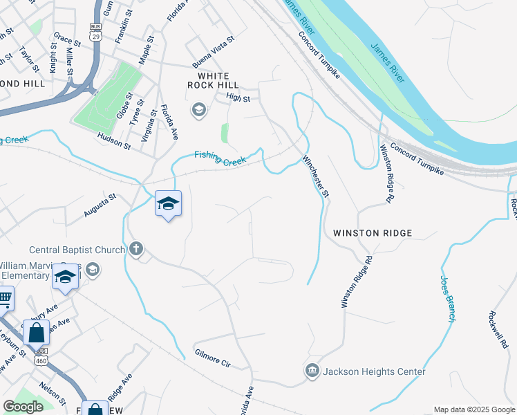 map of restaurants, bars, coffee shops, grocery stores, and more near 202 Providence Place in Lynchburg