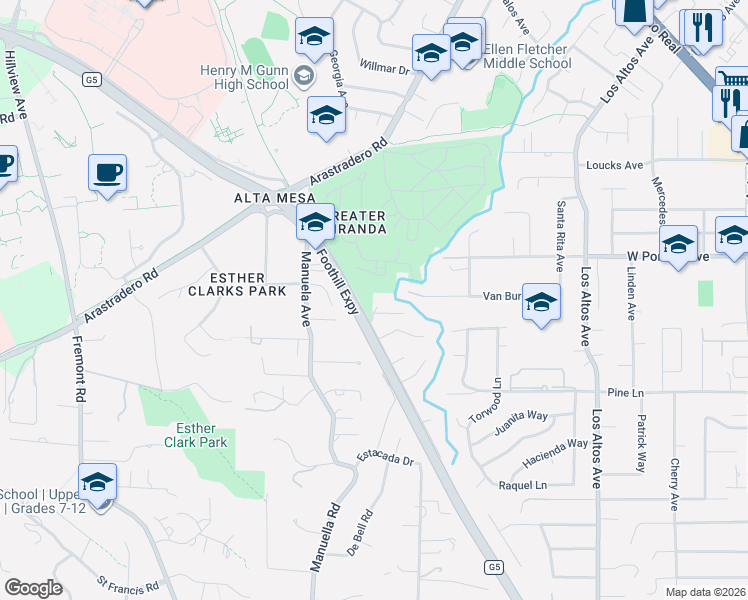 map of restaurants, bars, coffee shops, grocery stores, and more near 810 Arroyo Court in Palo Alto