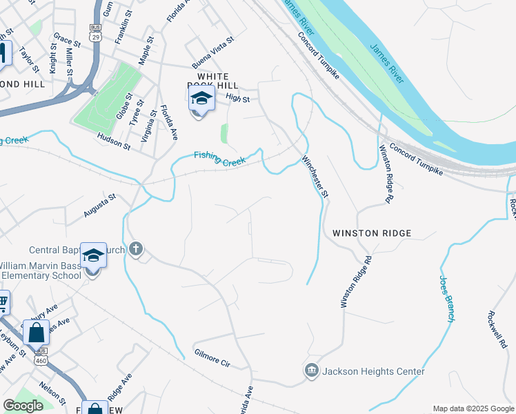 map of restaurants, bars, coffee shops, grocery stores, and more near 202 Providence Place in Lynchburg