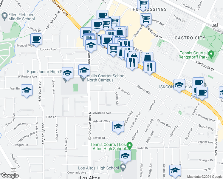 map of restaurants, bars, coffee shops, grocery stores, and more near 141 Jordan Avenue in Los Altos