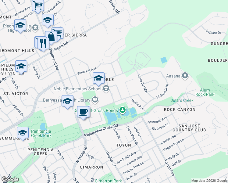 map of restaurants, bars, coffee shops, grocery stores, and more near 1061 Terra Noble Way in San Jose
