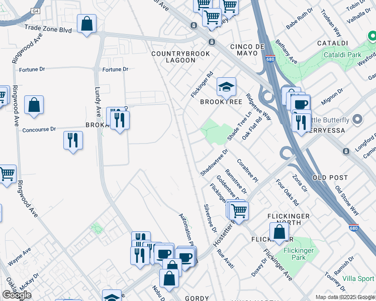 map of restaurants, bars, coffee shops, grocery stores, and more near 1827 Flickinger Avenue in San Jose