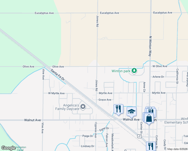 map of restaurants, bars, coffee shops, grocery stores, and more near 7396 Jones Road in Winton