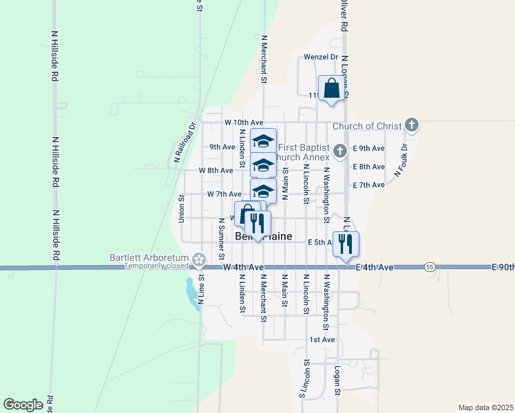 map of restaurants, bars, coffee shops, grocery stores, and more near 600-698 N Merchant St in Belle Plaine
