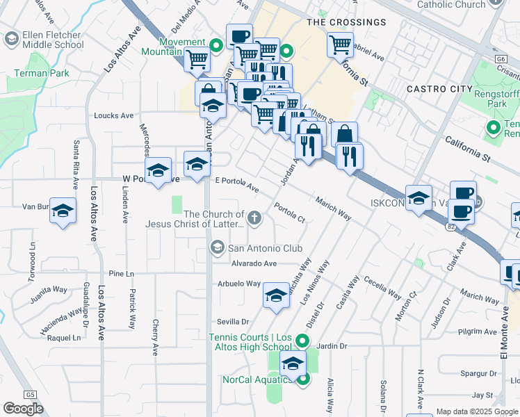 map of restaurants, bars, coffee shops, grocery stores, and more near 141 Jordan Avenue in Los Altos