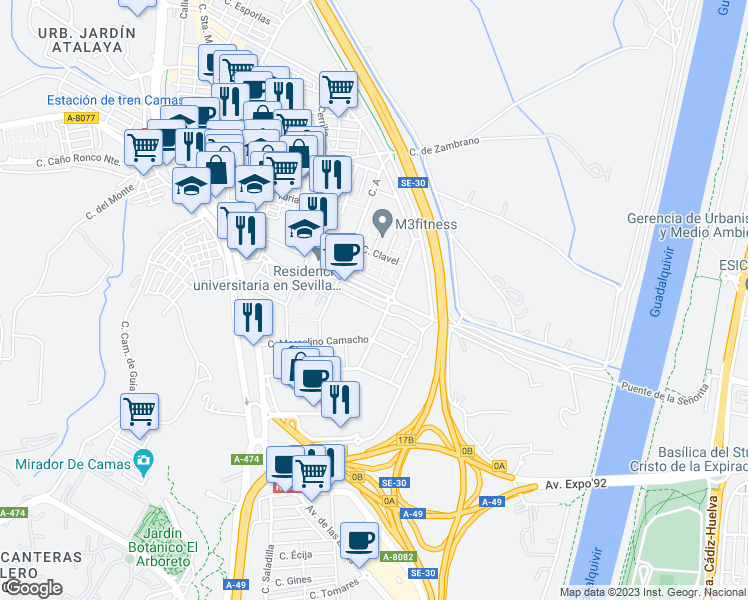 map of restaurants, bars, coffee shops, grocery stores, and more near 14 Avenida Clara Campoamor in Camas