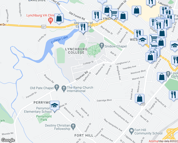 map of restaurants, bars, coffee shops, grocery stores, and more near 343 Thomas Road in Lynchburg