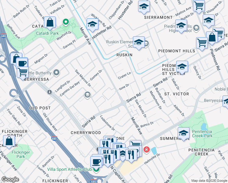 map of restaurants, bars, coffee shops, grocery stores, and more near 2716 Somerset Park Circle in San Jose